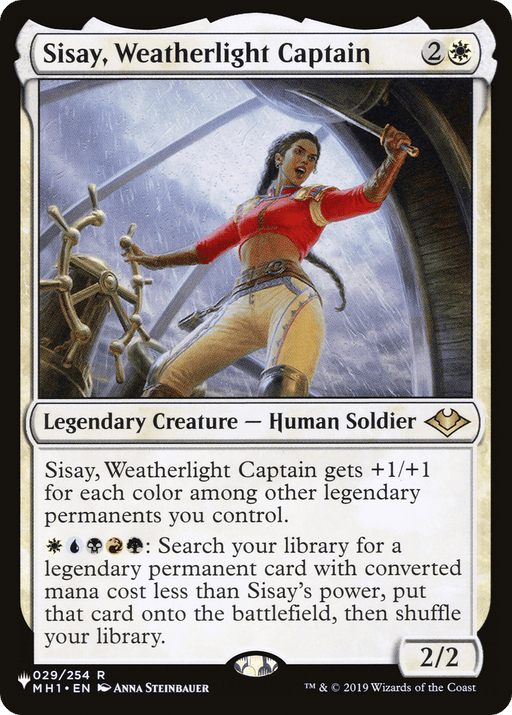 Image of a Magic: The Gathering card titled "Sisay, Weatherlight Captain [Secret Lair: From Cute to Brute]" from the Magic: The Gathering series. The card depicts a woman in a red shirt, blue pants, and gold belt standing on a ship's deck, holding a ship's wheel. As a legendary permanent, she's a 2/2 human soldier with detailed text outlining her abilities.