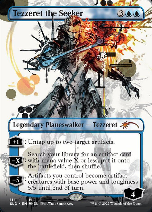 The image features a Magic: The Gathering card titled "Tezzeret the Seeker (Borderless) [Secret Lair Drop Series]," part of the Secret Lair Drop Series. It is a blue and white Mythic card with three activated abilities and loyalty counters starting at 4. The illustration shows a cyborg-like figure with mechanical limbs and an energy burst, created by artist Yoji Shinkawa.