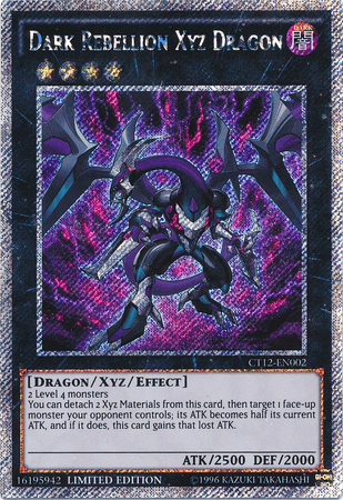 A "Dark Rebellion Xyz Dragon [CT12-EN002] Secret Rare" Yu-Gi-Oh! card from the Mega-Tins. The dragon has a dark, armored body with purple accents, prominent wings, and sharp claws. As a Secret Rare Rank 4 Xyz/Effect Monster, it can detach Xyz materials to reduce a monster's ATK. Stats: ATK 2500, DEF 2000