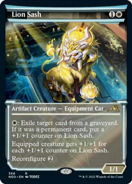 The image displays the "Lion Sash (Showcase Soft Glow) [Kamigawa: Neon Dynasty]" Magic: The Gathering card. It shows a glowing, armored lion with intricate designs. The card costs 1W to play and is an artifact creature, an equipment cat, with 1/1 power and toughness. It can exile graveyard cards and reconfigure for 2 mana.