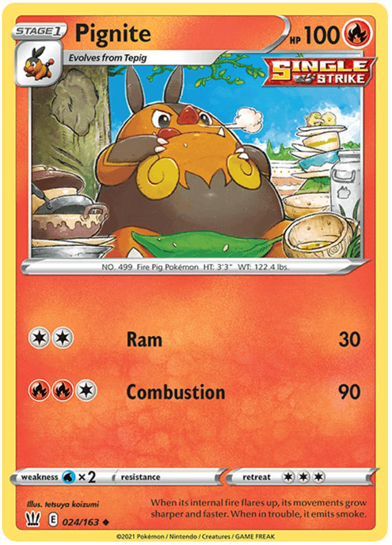 A Pokémon card featuring Pignite (024/163) [Sword & Shield: Battle Styles] with HP 100. Pignite is depicted eating food with a campfire and mountains in the background. It includes attack moves 