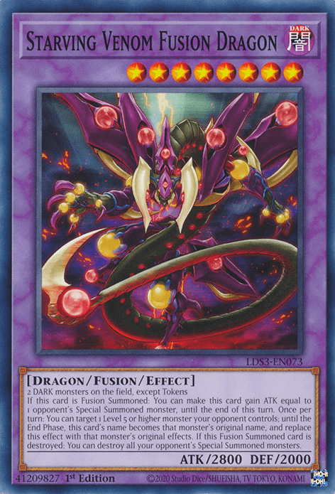 Starving Venom Fusion Dragon [LDS3-EN073] Common," a highlight from the Yu-Gi-Oh! Legendary Duelists: Season 3, showcases a dark, sinister dragon adorned in purple and yellow armor with outstretched wings. This Fusion/Effect Monster boasts ATK 2800 and DEF 2000, with a text box detailing its potent fusion and effect abilities.