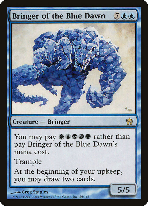 The image displays a Magic: The Gathering card titled "Bringer of the Blue Dawn [Fifth Dawn]," a rare creature. It has a casting cost of 7 blue-blue mana and is a 5/5 with Trample. The alternate casting cost requires one each of white, blue, black, red, and green mana, and its ability allows you to draw two cards at the beginning of your upkeep. The illustration showcases a large figure.