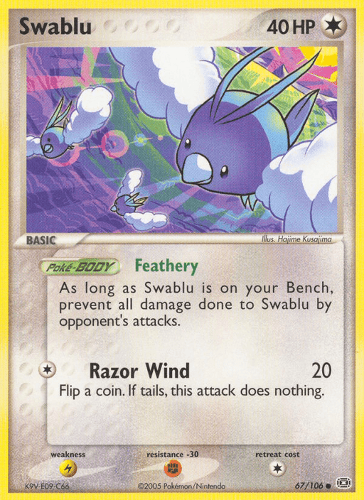 A common Pokémon trading card for Swablu (67/106) [EX: Emerald] by Pokémon. The card shows Swablu, a bird-like Pokémon with cloud-like wings, flying in the sky. It has 40 HP, is Colorless, and features a "Feathery" ability that prevents damage when on the Bench and a "Razor Wind" attack that deals 20 damage. Illustrator: Hajime Kusajima.