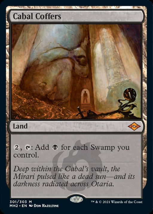 Magic: The Gathering card titled "Cabal Coffers [Modern Horizons 2]" from Magic: The Gathering. This Mythic Land allows you to pay 2 colorless mana and tap to add black mana for each Swamp you control. The artwork depicts a dark cavernous interior in the Cabal's vault, glowing eerily with ancient artifacts. Text reads: "Deep within the Cabal’s vault, the Mir