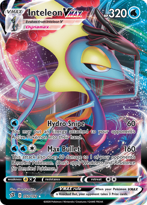 A Pokémon Inteleon VMAX (050/192) [Sword & Shield: Rebel Clash] trading card. The card has 320 HP and features the moves Hydro Snipe and Max Bullet. This Ultra Rare, holographic card boasts dynamic background art that showcases the Pokémon's sleek, colorful design. Card number 050/192 from the 2020 Sword & Shield Rebel Clash set by Pokémon.