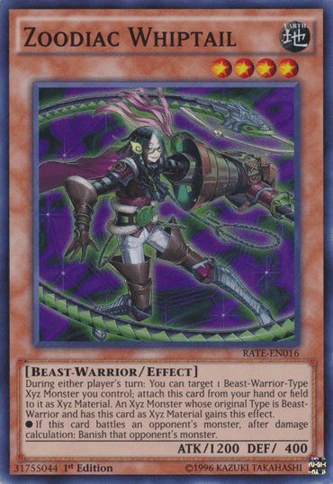 The image is a Yu-Gi-Oh! trading card titled "Zoodiac Whiptail [RATE-EN016] Super Rare." The card features an anthropomorphic Beast-Warrior with a whip-like tail, wielding a double-ended lance. Set against a mystical, swirling purple vortex, the Effect Monster details its Xyz Material attributes, attack (1200), and defense (400) stats.