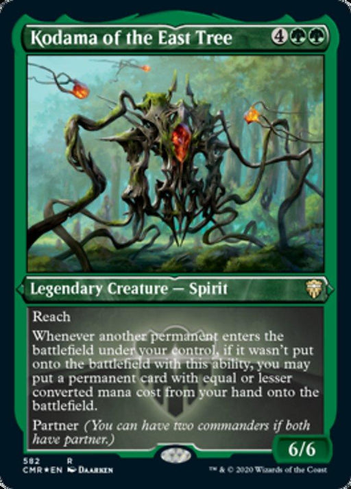 The image shows a Magic: The Gathering trading card named "Kodama of the East Tree (Etched) [Commander Legends]," a Legendary Creature introduced in Commander Legends. The forest-green themed card depicts a tree-like spirit with glowing red eyes and costs 4 green mana and 2 generic mana to play. It features Reach, allowing you to put a permanent onto the battlefield when another enters under your control, and has Power/Tough.