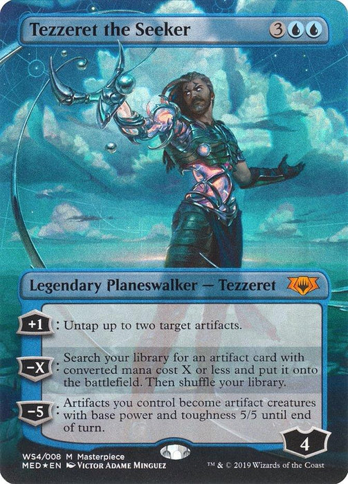 Image of a Magic: The Gathering trading card titled "Tezzeret the Seeker [Mythic Edition]." This Legendary Planeswalker card features an illustration of a metallic-armored figure with blue energy radiating from their extended hand. The Mythic Edition card text describes abilities for untapping artifacts, searching a library for artifact cards, and converting artifacts into creatures.