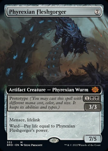 The Magic: The Gathering card "Phyrexian Fleshgorger (Extended Art) [The Brothers' War]" features a dark Phyrexian Wurm with blue lights over a barren landscape. This Mythic Artifact Creature has menace, lifelink, 7 mana cost, 7/5 power/toughness, and an intriguing prototype ability.