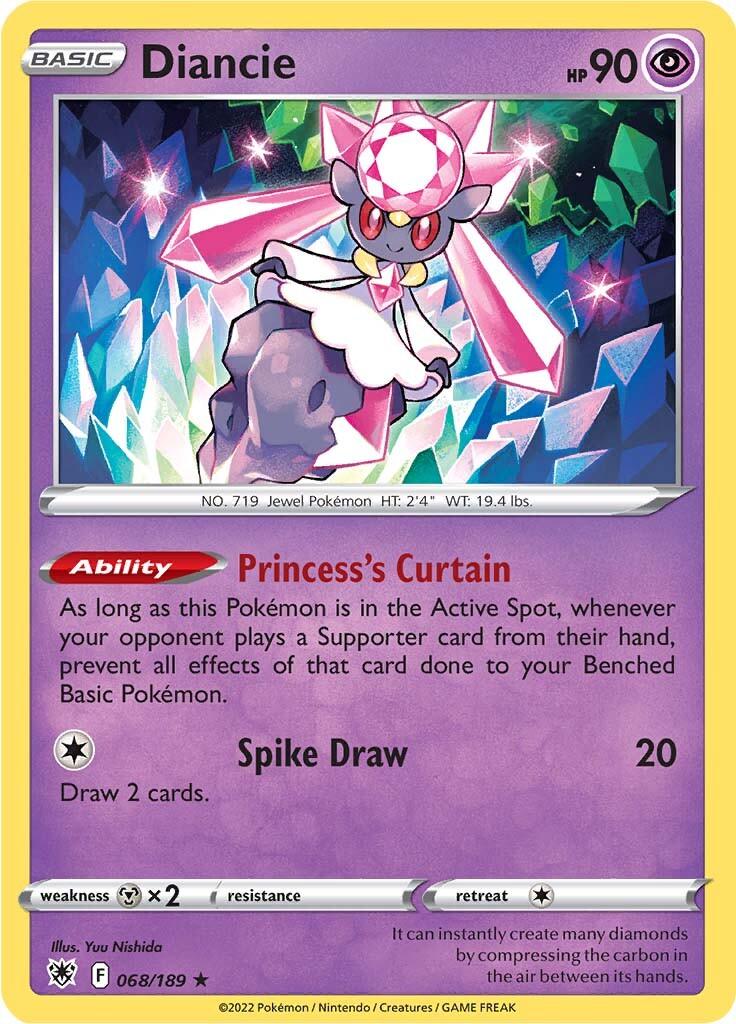 A Pokémon card for **Diancie (068/189) [Sword & Shield: Astral Radiance]** from the **Pokémon** series, featuring a jewel-encrusted, fairy-like creature floating in the air. Diancie has 90 HP and two abilities: 