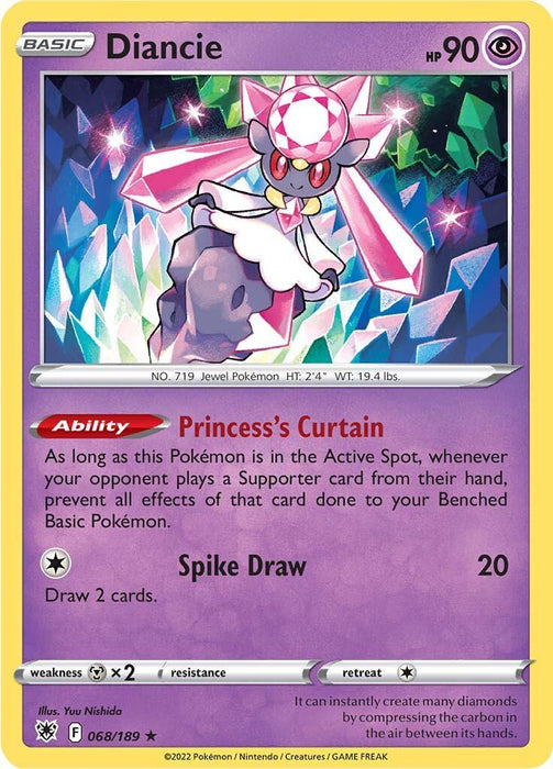 A Pokémon card for **Diancie (068/189) [Sword & Shield: Astral Radiance]** from the **Pokémon** series, featuring a jewel-encrusted, fairy-like creature floating in the air. Diancie has 90 HP and two abilities: "Princess’s Curtain" and "Spike Draw," which deals 20 damage and allows the player to draw two cards. The card has a psychic-type background and various stats.