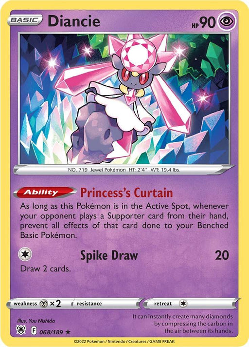 A Pokémon card for **Diancie (068/189) [Sword & Shield: Astral Radiance]** from the **Pokémon** series, featuring a jewel-encrusted, fairy-like creature floating in the air. Diancie has 90 HP and two abilities: "Princess’s Curtain" and "Spike Draw," which deals 20 damage and allows the player to draw two cards. The card has a psychic-type background and various stats.