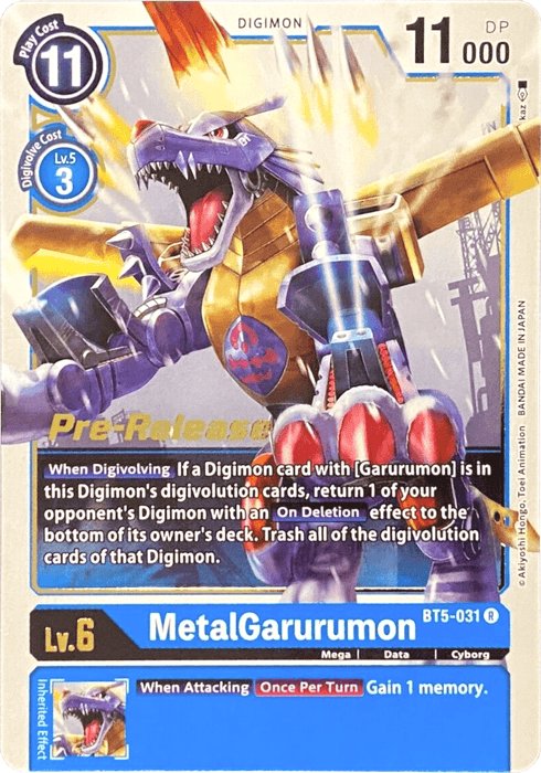 The image displays a Digimon trading card titled MetalGarurumon [BT5-031] from the Battle of Omni Pre-Release Promos. The card features a cyborg wolf equipped with missiles and a digital display in mid-attack. It is designated as "Pre-Release" and showcases stats such as level 6, play cost 11, and 11,000 DP, along with a special effect upon Digivolving.