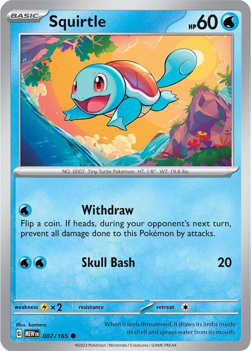 A Pokémon trading card featuring Squirtle (007/165) [Scarlet & Violet: 151] from Pokémon. Squirtle is a happy blue turtle with a brown shell, set against a vibrant forest and glowing sun backdrop. This Common card shows "Squirtle" with 60 HP, the moves "Withdraw" and "Skull Bash," and its weaknesses, resistance, and stats at the bottom.
