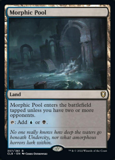 A Magic: The Gathering card titled "Morphic Pool [Commander Legends: Battle for Baldur's Gate]" from Magic: The Gathering. This Rare Land shows a mysterious, dark, and foggy ancient ruin partially submerged in water. "Morphic Pool enters the battlefield tapped unless you have two or more opponents. Tap: Add blue or black mana." Flavor text reads, "No one really knows how deep the waters go.