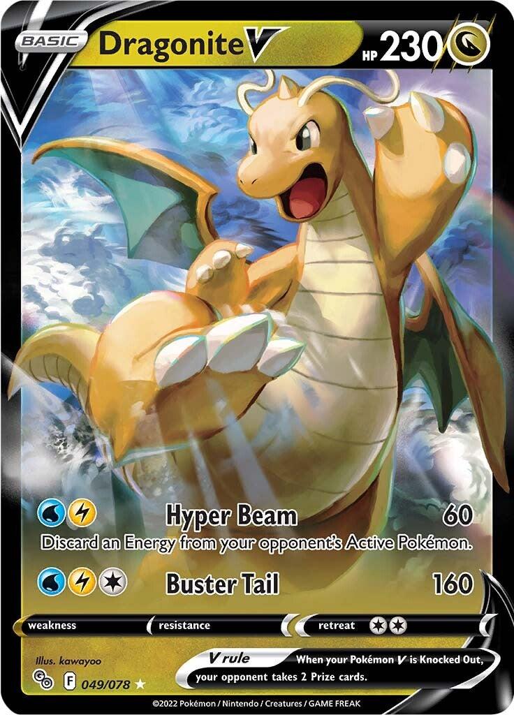 A Pokémon trading card featuring the Dragonite V (049/078) [Pokémon GO] by Pokémon with a holographic design. Dragonite, a large orange dragon with a cream-colored belly, is illustrated surrounded by flying objects and lightning. The card has 230 HP, and Dragonite's moves are 