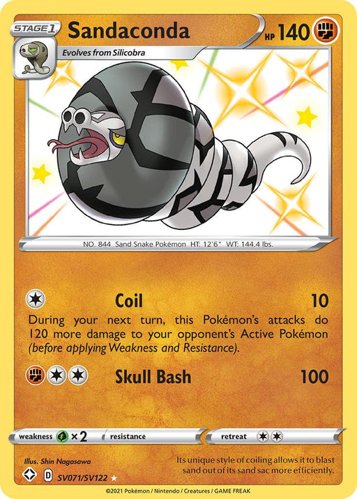 A Shining Fates Pokémon trading card featuring Sandaconda with 140 HP. The card is marked as a Stage 1 evolution from Silicobra. Sandaconda, depicted as a coiled, sand-like snake with a black and gray color pattern, has attacks Coil (10 damage) and Skull Bash (100 damage). This Ultra Rare card illustrated by Shin Nagasawa is marked SV071/SV122 and is known as Sandaconda (SV071/SV122) [Sword & Shield: Shining Fates] from Pokémon.