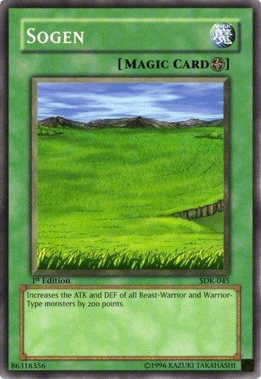 A Yu-Gi-Oh! trading card titled "Sogen [SDK-045] Common" is shown. This 1st Edition Field Spell Magic Card features artwork of a green grassy plain under a clear blue sky. The text at the bottom reads, "Increases the ATK and DEF of all Beast-Warrior and Warrior-Type monsters by 200 points.