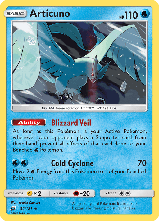 A Pokémon trading card for Articuno (32/181) [Sun & Moon: Team Up] from Pokémon, featuring a Holo Rare image of the bird-like creature with blue plumage and long tail feathers, amidst icy winds. The card includes Articuno's stats, abilities "Blizzard Veil" and "Cold Cyclone," an HP of 110, and a yellow border.