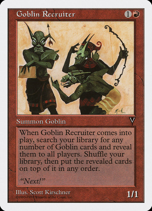 The Magic: The Gathering card "Goblin Recruiter [Anthologies]" depicts two goblins—a bow-and-arrow wielding figure and another in green clothing animatedly gesturing. As a Creature Goblin, it lets you search your library for Goblin cards and boasts a power/toughness of 1/1.