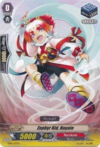 A trading card from Bushiroad featuring "Zephyr Kid, Hayate (TD06/017EN) [Trial Deck 6: Resonance of Thunder Dragon]," depicting a character with red and white hair in a white outfit accented with red and gold. The character is captured mid-jump with arms raised, holding a golden shield, and displaying a joyful expression. Part of the Narukami Trial Deck 6: Resonance of Thunder Dragon series.