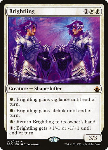 The Magic: The Gathering card titled "Brightling [Battlebond]" is a Mythic Creature Shapeshifter. It features vibrant art of a body with male and female halves, wearing illuminated armor against a purple background. Text outlines its abilities, including granting vigilance, lifelink, returning to the owner's hand, and changing its power and toughness.