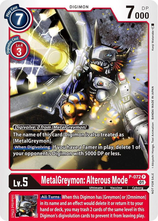 A card from the Digimon trading card game shows MetalGreymon: Alterous Mode [P-072] (Update Pack) [Promotional Cards]. It has a blue upper-left corner indicating a play cost of 7 and a red lower-left corner for level 5 with a digivolution cost of 3. The promotional card features MetalGreymon, a robotic dragon Digimon with an arm cannon, detailing its abilities and stats.