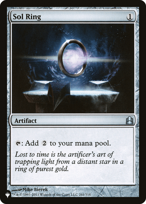 Magic: The Gathering card featuring "Sol Ring [Secret Lair: From Cute to Brute]." A mystical ring floats above a pedestal emitting ethereal light. The card reads, "Sol Ring, 1, Artifact. Tap: Add 2 to your mana pool. Lost to time is the artificer's art of trapping light from a distant star in a ring of purest gold." Secret Lair exclusive. Illustrated by Mike Bierek.