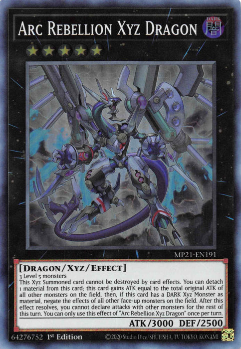 A Yu-Gi-Oh! trading card from the 2021 Tin of Ancient Battles named "Arc Rebellion Xyz Dragon [MP21-EN191] Super Rare" features stunning black and purple dragon artwork. This Rank 5, DARK attribute Dragon/Xyz/Effect Monster boasts 3000 ATK and 2500 DEF. Its Super Rare status is highlighted by a distinctive black border.