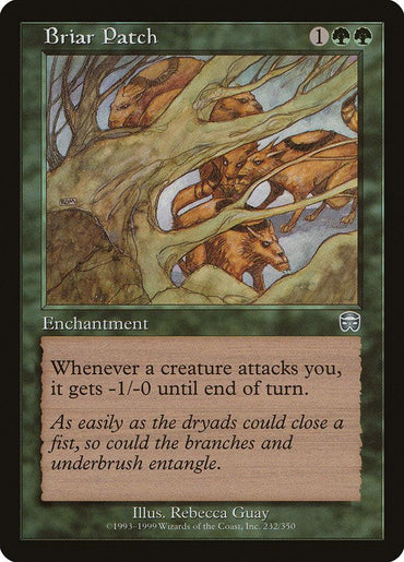 Magic: The Gathering product titled "Briar Patch [Mercadian Masques]" from Magic: The Gathering. It costs 1 green mana and 1 generic mana to play. This Enchantment reads: "Whenever a creature attacks you, it gets -1/-0 until end of turn." Rebecca Guay's illustration depicts entangling branches and a fox. Card number is 232/350.