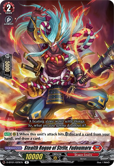 A fantasy Vanguard card featuring Stealth Rogue of Strife, Fudoumaru (D-BT01/029EN) from the Dragon Empire clan by Bushiroad. The character is a demon with long turquoise hair wielding two swords, surrounded by flames. From the Genesis of the Five Greats series, this card has a power value of 10000, shield value of 5000, and critical value of 1.