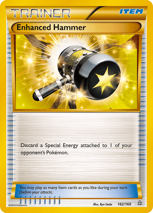A Pokémon trading card titled "Enhanced Hammer (162/160) [XY: Primal Clash]" from the brand Pokémon, featuring a bright yellow border and a metallic hammer with a star on its head illuminated by glowing sparks. As an Item card, it reads: "Discard a Special Energy attached to 1 of your opponent's Pokémon." You may play as many Item cards as you like during your turn.