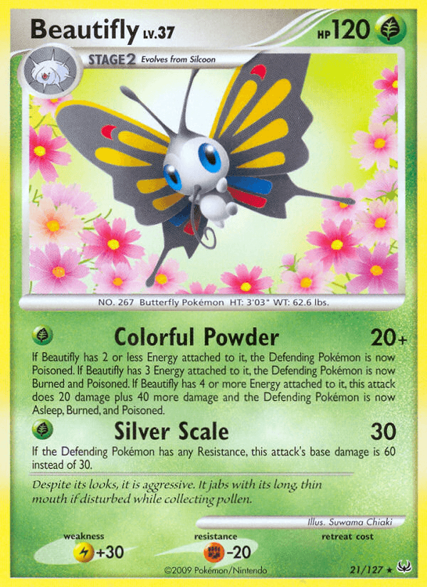 Image of a Beautifly (21/127) [Platinum: Base Set] from Pokémon. Beautifly is illustrated with colorful wings, hovering in midair. This rare, Grass Type card is a Stage 2 Pokémon with 120 HP. It has two moves: Colorful Powder and Silver Scale, and includes its evolutionary line, weight, and other game-specific details.