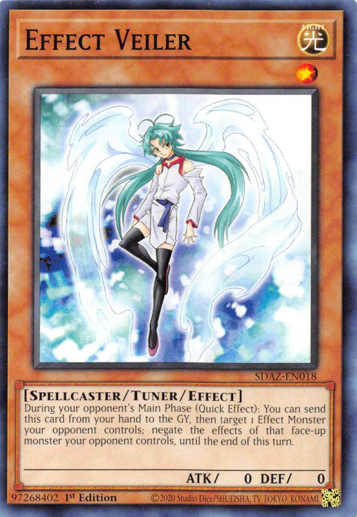 A Yu-Gi-Oh! trading card titled "Effect Veiler [SDAZ-EN018] Common" is a Spellcaster/Tuner/Effect Monster. The card showcases a floating girl with green hair, clad in a white and blue outfit, set against a vivid, ethereal swirling background. From the Structure Deck: Albaz Strike, it can negate the effects of your opponent's monster.