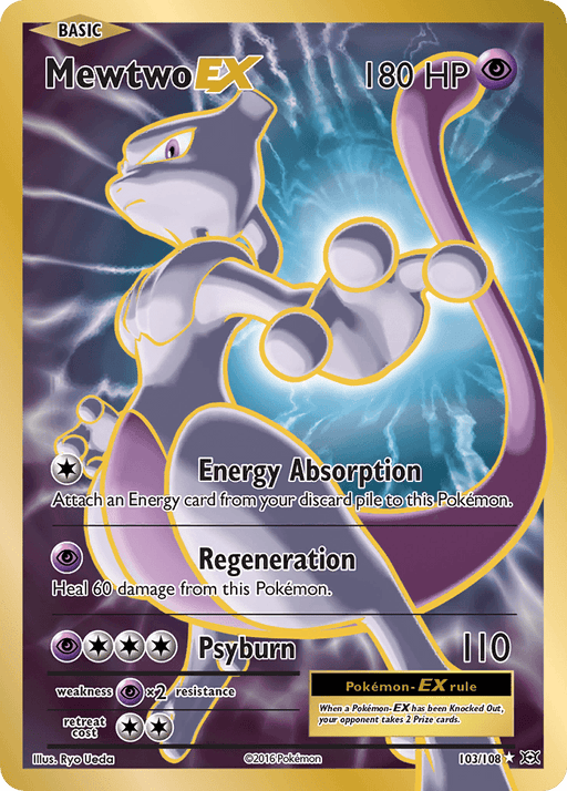 A Pokémon trading card featuring the Ultra Rare Mewtwo EX (103/108) [XY: Evolutions]. The card has 180 HP and showcases three moves: Energy Absorption, Regeneration, and Psyburn with 110 damage. Mewtwo is depicted in a powerful stance with a purple and gray color scheme. The card is illustrated by Ryo Ueda.