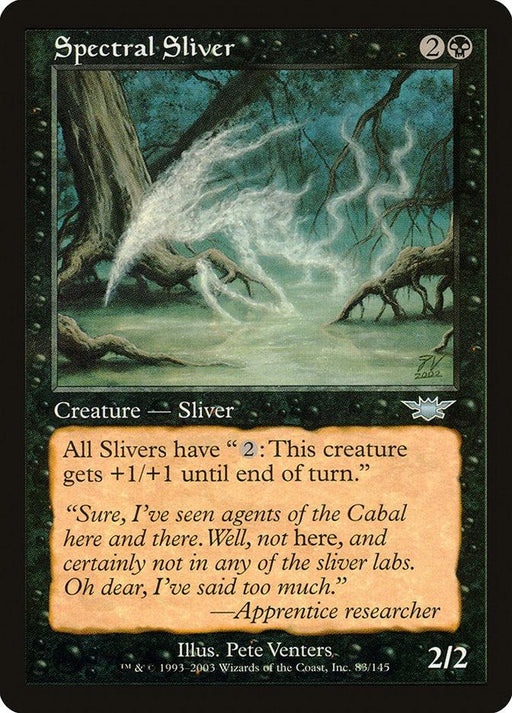 A Magic: The Gathering product named "Spectral Sliver [Legions]." The image depicts a ghostly, translucent Sliver Spirit in a misty, eerie landscape. The card text reads, "All Slivers have '2: This creature gets +1/+1 until end of turn.'" It has 2 power and 2 toughness. Art by Pete Venters.