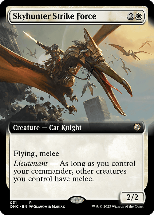 A rare fantasy creature card titled "Skyhunter Strike Force (Extended Art) [Phyrexia: All Will Be One Commander]" from Magic: The Gathering. The card depicts a Creature — Cat Knight riding a large, flying reptilian creature with a long neck. The sky swarms with similar flyers. Costing 2 colorless and 1 white mana, it boasts abilities of flying, melee, and Lieutenant. This 2/2 marvel hails from Phyrexia: All Will