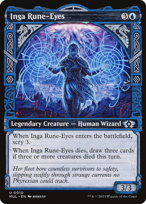 A Magic: The Gathering card featuring "Inga Rune-Eyes," a legendary human wizard. The artwork shows a wizard in blue robes, glowing eyes, and intricate rune patterns, standing before a mystical portal. Part of the Inga Rune-Eyes [Multiverse Legends] series, the card has abilities describing scrying and drawing cards.