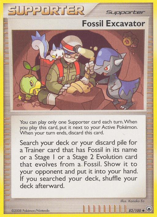 A Pokémon trading card titled "Fossil Excavator (82/100) [Diamond & Pearl: Majestic Dawn]" from the Majestic Dawn set shows an archaeologist character holding a brush and examining a fossil. Nearby Pokémon include Pikachu and Shieldon. Card text explains effects: "Search your deck or discard pile for a Trainer, Stage 1, or Stage 2 card with 'Fossil' and put it into your hand.
