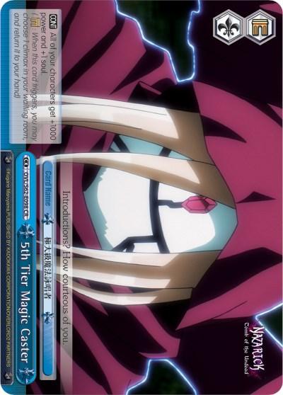 Image of a 5th Tier Magic Caster (OVL/S62-E098 CR) [Nazarick: Tomb of the Undead] trading card by Bushiroad featuring a character with a white skeletal face, wearing a red robe with a hood. The character has a pink gem on the forehead and is surrounded by blue lightning. The card has text on the left side and at the bottom, with various icons and point values on a dark background.