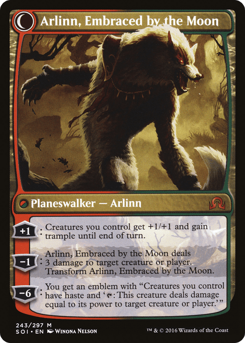 A Magic: The Gathering card titled "Arlinn Kord // Arlinn, Embraced by the Moon [Secret Lair: From Cute to Brute]" features a Legendary Planeswalker werewolf with glowing eyes and sharp claws in a forest. The Mythic card includes red and green mana symbols and three abilities: +1/+1 and trample, 3 damage, and an emblem with a special ability.