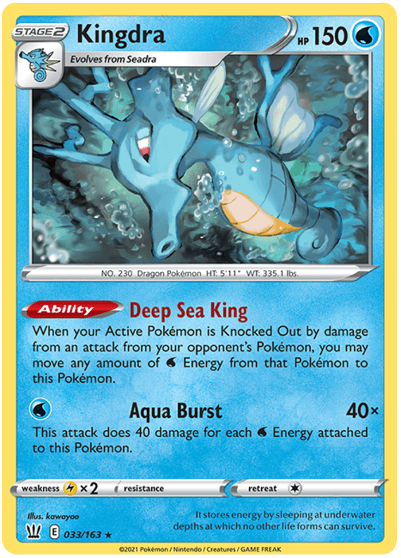 A Pokémon Kingdra (033/163) [Sword & Shield: Battle Styles] from the Sword & Shield: Battle Styles set featuring Kingdra. Kingdra is a blue, seahorse-like Pokémon with yellow fins and a spiraled snout. This Holo Rare card details include 150 HP, the ability 