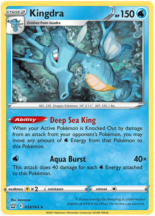 A Pokémon Kingdra (033/163) [Sword & Shield: Battle Styles] from the Sword & Shield: Battle Styles set featuring Kingdra. Kingdra is a blue, seahorse-like Pokémon with yellow fins and a spiraled snout. This Holo Rare card details include 150 HP, the ability "Deep Sea King," and the attack "Aqua Burst." It is labeled as number 033/163 and illustrated by kawayoo.