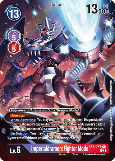 Introducing the Secret Rare Digimon card, Imperialdramon: Fighter Mode [EX3-073] (Alternate Art) from the Draconic Roar series. This formidable Level 6 creature boasts a Play Cost of 13 and a DP of 13000. With its alternate artwork, it showcases an armored warrior brandishing a luminous sword set against an intense fiery backdrop. Its special abilities include Piercing and Security effects upon Digivolving, in addition to summoning cards from the trash pile.