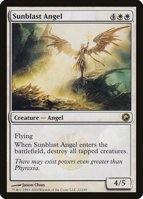Image of a Magic: The Gathering card "Sunblast Angel [Scars of Mirrodin]" from the Magic: The Gathering set. The card's white border frames an illustration of a radiant angel with wings outstretched, holding a glowing spear. It costs 4 generic mana and 2 white mana, has power/toughness 4/5, flying, and can destroy tapped creatures upon entering the battlefield.