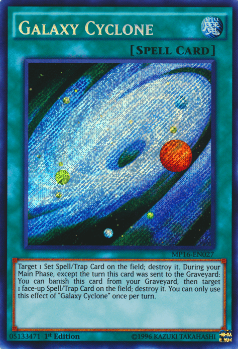 An image of the Yu-Gi-Oh! product Galaxy Cyclone [MP16-EN027] Secret Rare from the Mega-Tins 2016 collection. This Secret Rare Spell Card features a spiral galaxy design in blue and white. Card text: "Target 1 Set Spell/Trap Card on the field; destroy it..." Identification number: MP16-EN027.