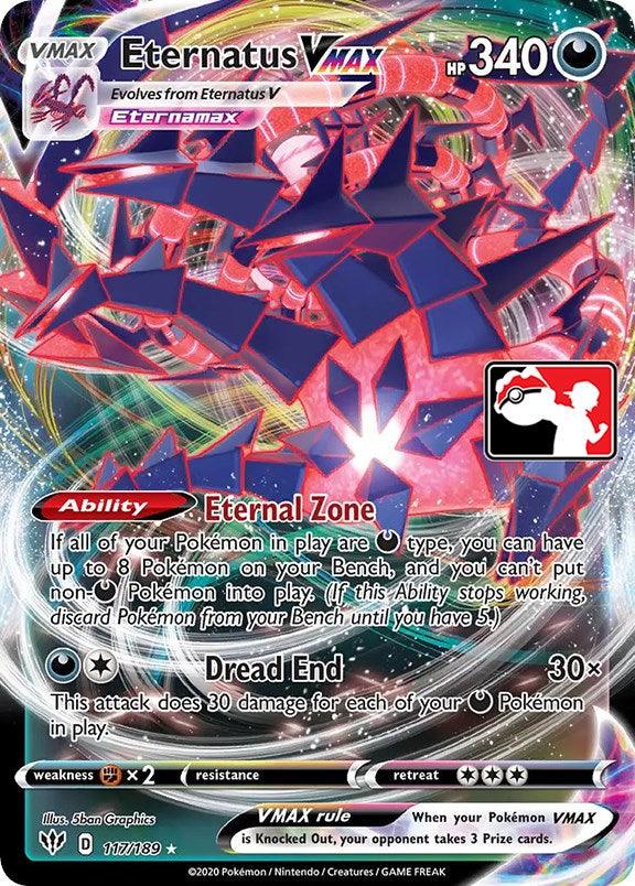 An Eternatus VMAX (117/189) [Prize Pack Series One] card from Pokémon features 340 HP and is classified as Ultra Rare. This card includes two abilities: 