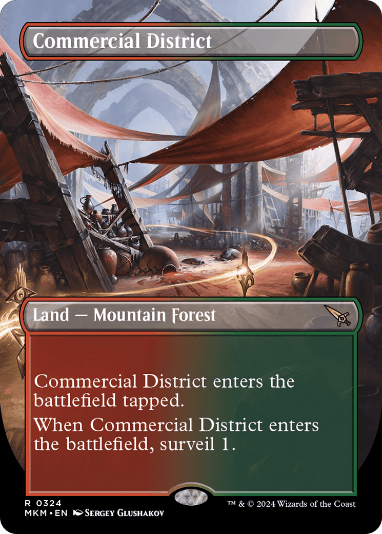 A stylized fantasy trading post with red awnings and wooden structures. The rare card 