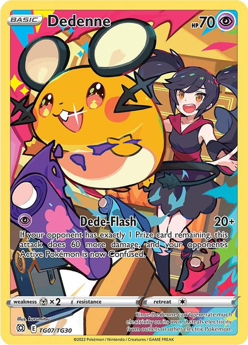 A Secret Rare Dedenne (TG07/TG30) [Sword & Shield: Brilliant Stars] from Pokémon, featuring Dedenne as a cheerful, large-eared, yellow mouse-like creature with a lightning-shaped tail. The card shows Dedenne's HP as 70 and includes an attack named "Dede-Flash" against a vivid and dynamic colorful background scene.